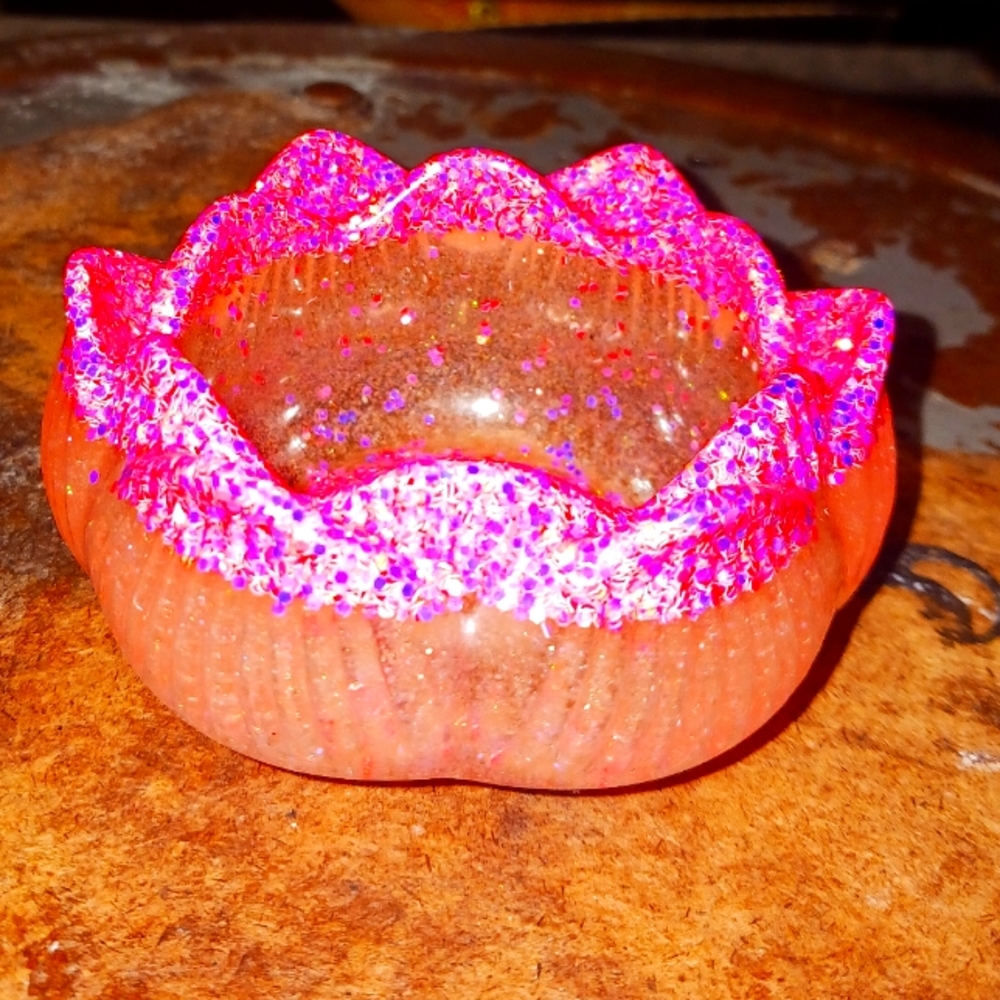 Handmade Lotus Flower Candle Holder Hombre Pink w/ Glitter Accents